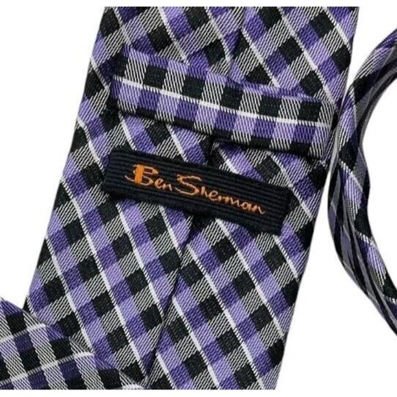 BEN SHERMAN Men's Silk Tie DESIGNER XL Black Purple Plaids & Checks W:2.7" EUC - Picture 2 of 4